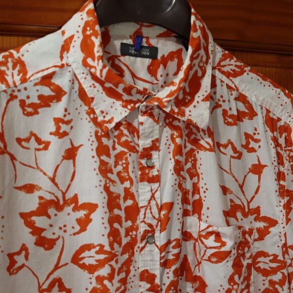 Kenneth Cole Reaction Orange and White Casual Shirt Tropical Pearl Snap LG - Picture 2 of 15